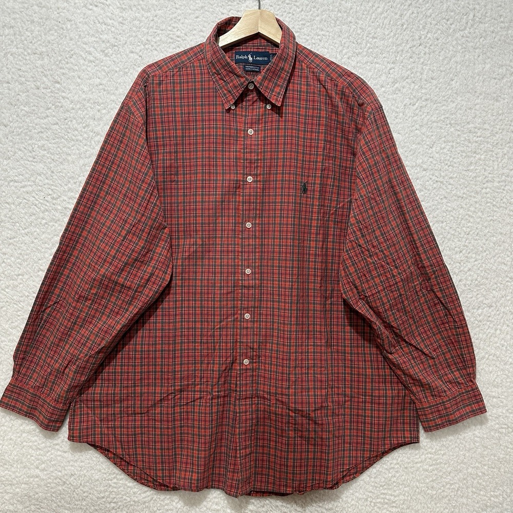 VTG Ralph Lauren Yarmouth Red Tartan Plaid Long Sleeve Button Down Shirt Sz 17.5